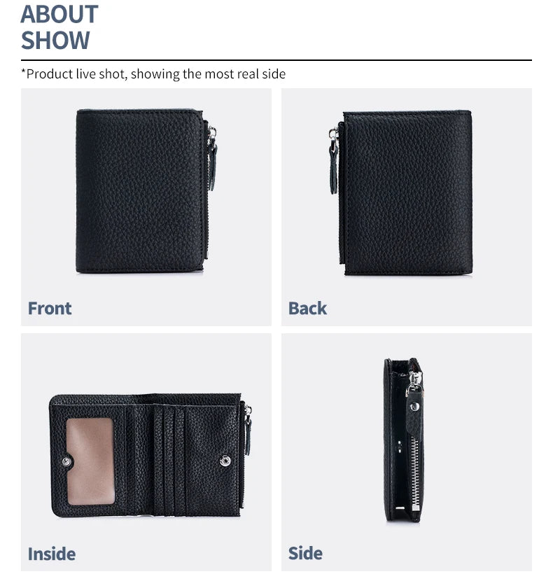Genuine Leather RFID Short Wallet with Zipper Coin Purse