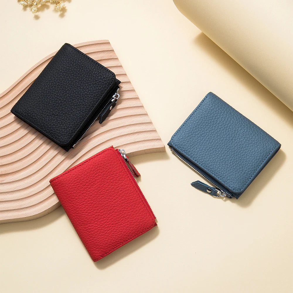 Genuine Leather RFID Short Wallet with Zipper Coin Purse