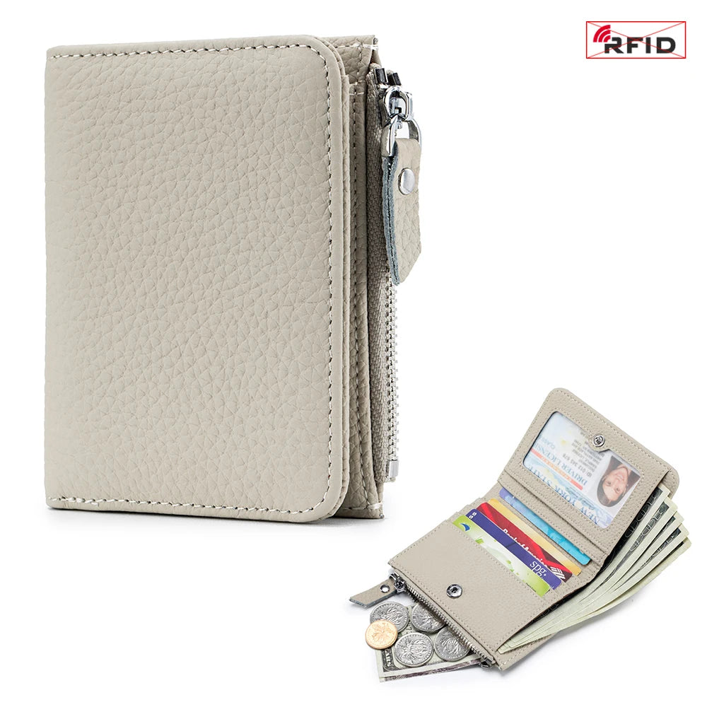 Genuine Leather RFID Short Wallet with Zipper Coin Purse