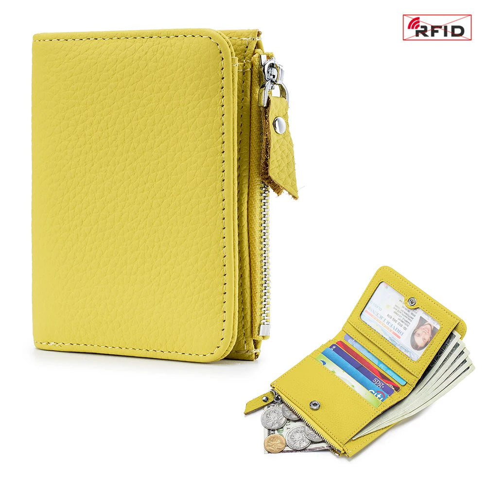 Genuine Leather RFID Short Wallet with Zipper Coin Purse