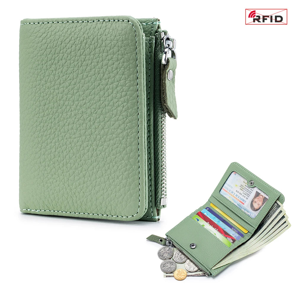 Genuine Leather RFID Short Wallet with Zipper Coin Purse