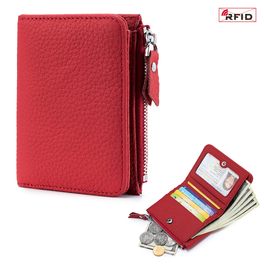 Genuine Leather RFID Short Wallet with Zipper Coin Purse