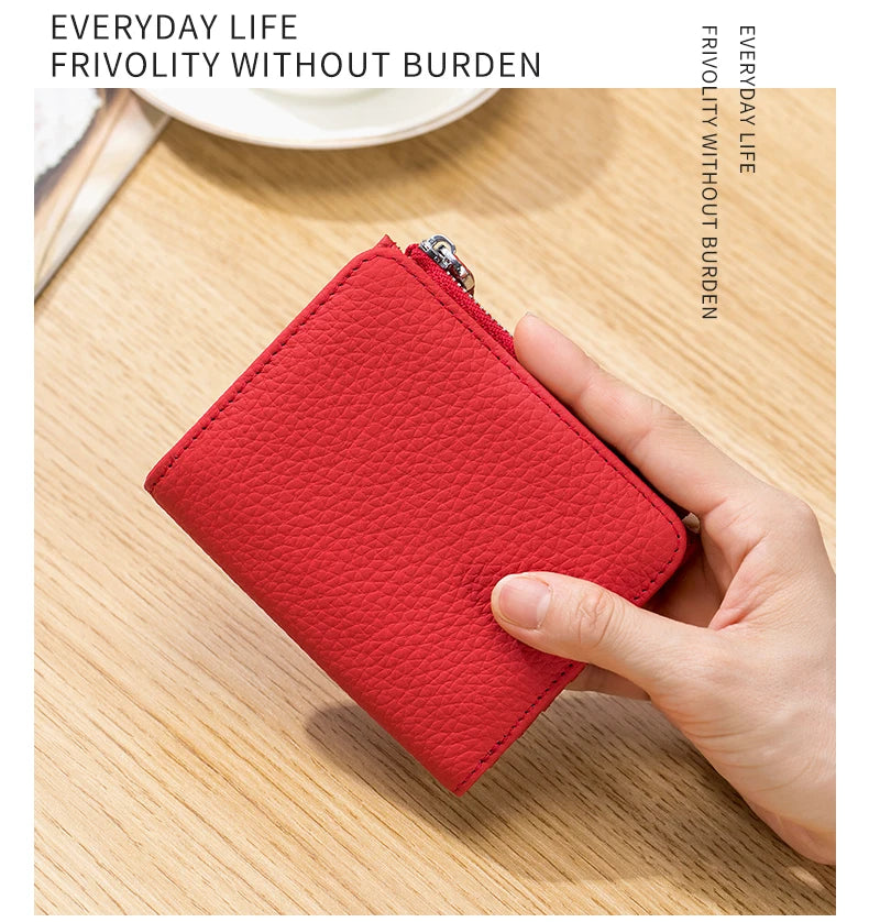 Genuine Leather RFID Short Wallet with Zipper Coin Purse