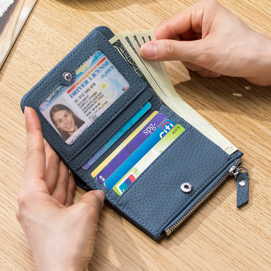 Genuine Leather RFID Short Wallet with Zipper Coin Purse