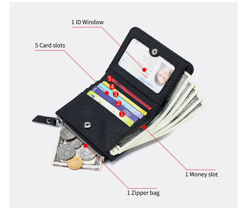 Genuine Leather RFID Short Wallet with Zipper Coin Purse