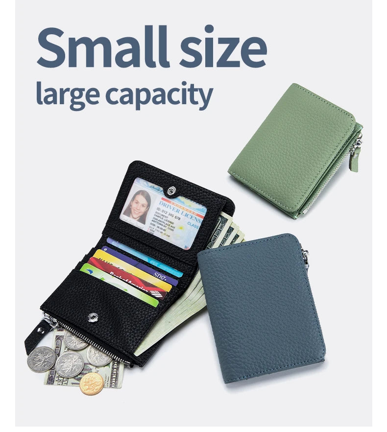 Genuine Leather RFID Short Wallet with Zipper Coin Purse