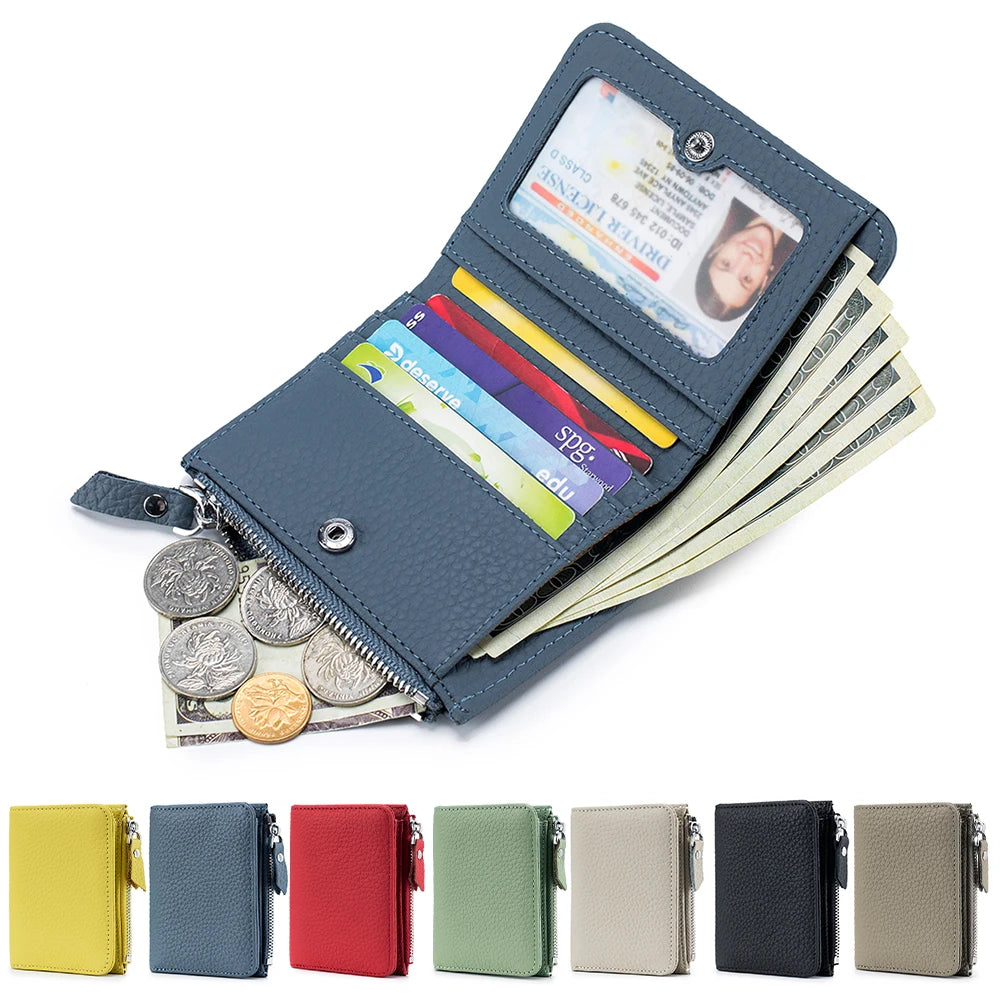 Genuine Leather RFID Short Wallet with Zipper Coin Purse