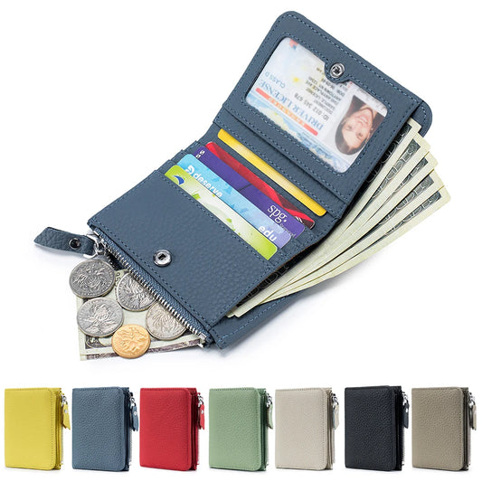 Genuine Leather RFID Short Wallet with Zipper Coin Purse