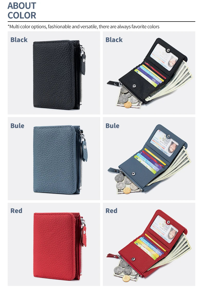 Genuine Leather RFID Short Wallet with Zipper Coin Purse