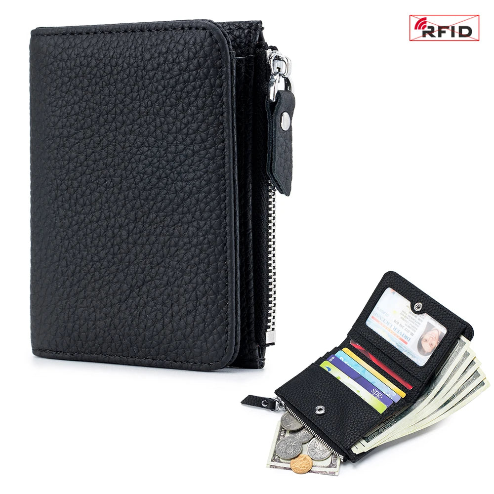 Genuine Leather RFID Short Wallet with Zipper Coin Purse