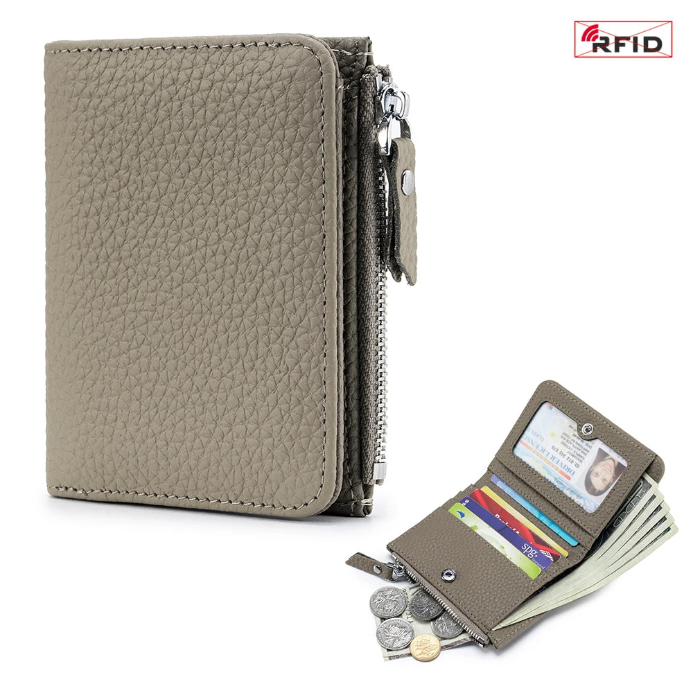 Genuine Leather RFID Short Wallet with Zipper Coin Purse