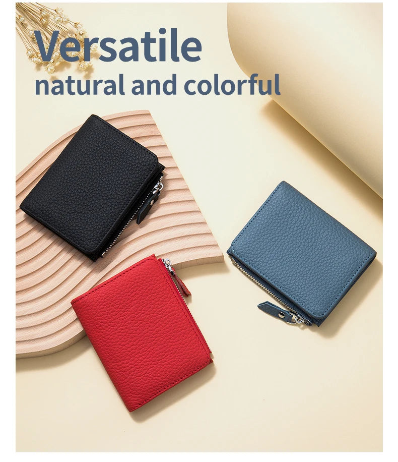 Genuine Leather RFID Short Wallet with Zipper Coin Purse