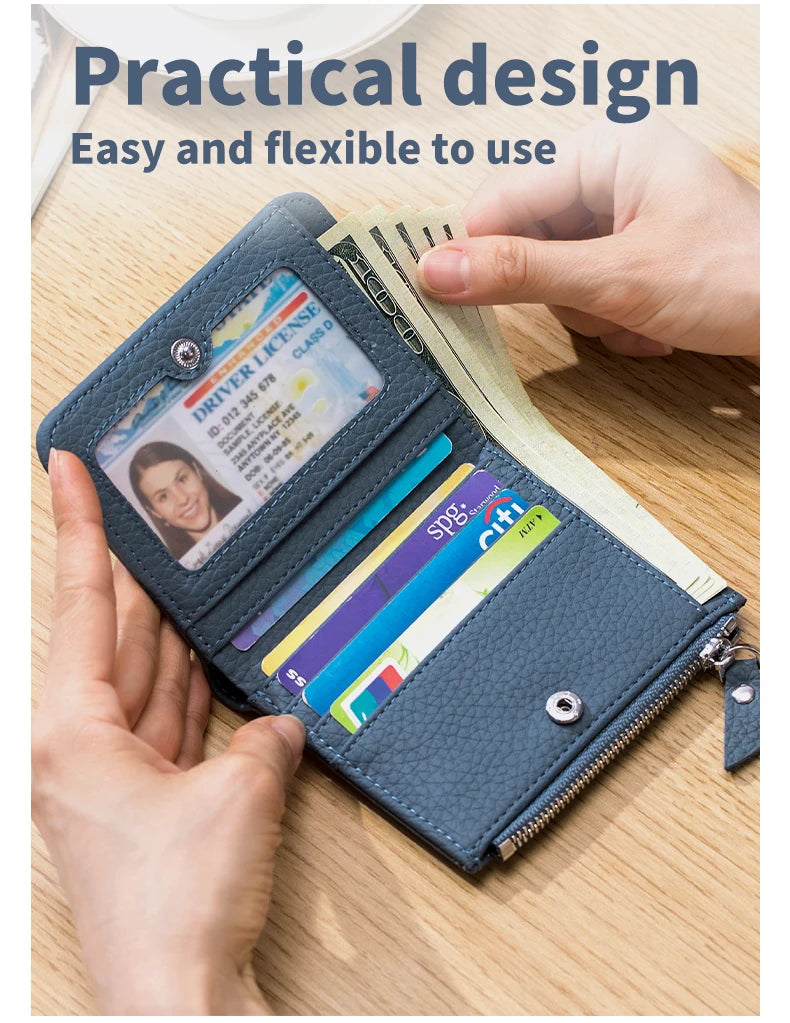 Genuine Leather RFID Short Wallet with Zipper Coin Purse