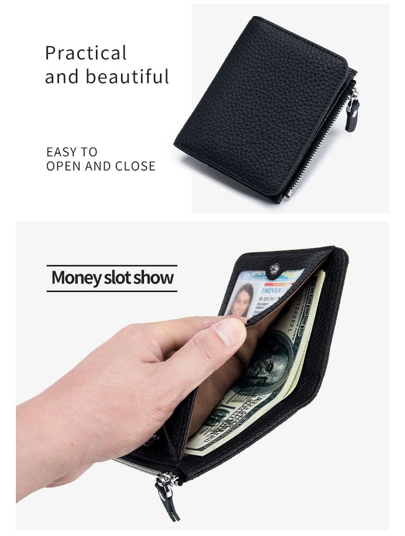 Genuine Leather RFID Short Wallet with Zipper Coin Purse
