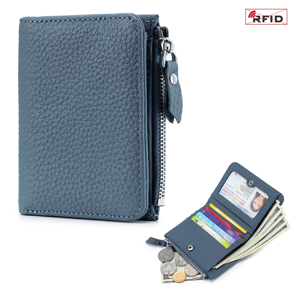 Genuine Leather RFID Short Wallet with Zipper Coin Purse